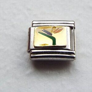 Enamel Bird of Paradise flower 18 KTGP 9mm stainless steel italian charm link